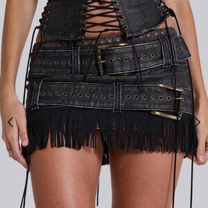 Jaded London Odile Faux Leather Belted Fringe Micro Mini Skirt US Size 2 (UK 6)